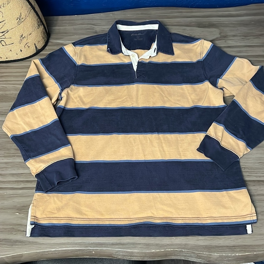 EDDIE BAUER 90’s POLO STRIPED OVERSIZED LONG SLEEVE LARGE BLUE & TAN